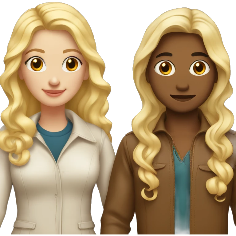 Cute blonde couple and the woman has brown eyes with long wavy hair, and long eyelashes wearing trendy outfit holding hands emoji