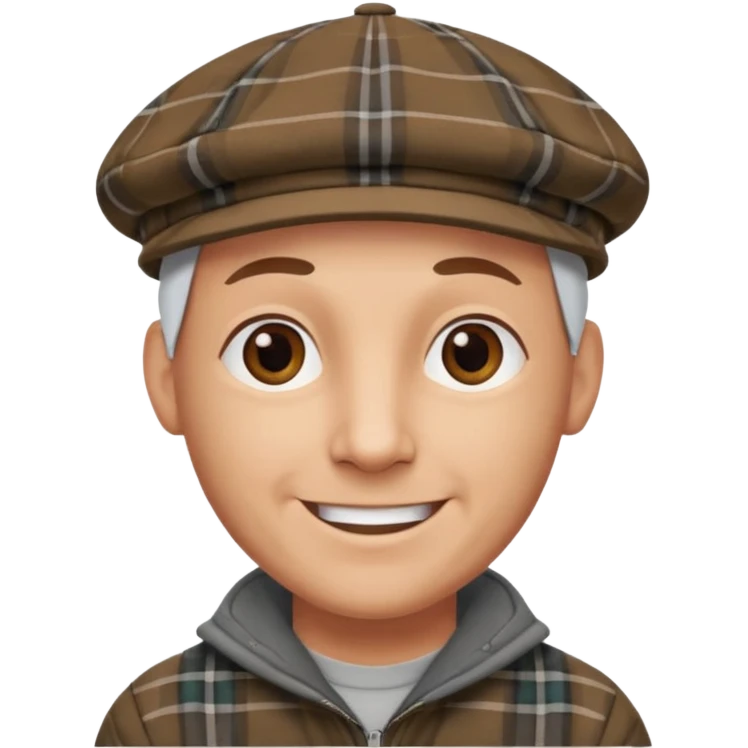 a bald man wearing a grey and brown tratan flap cap looking really hopeful emoji