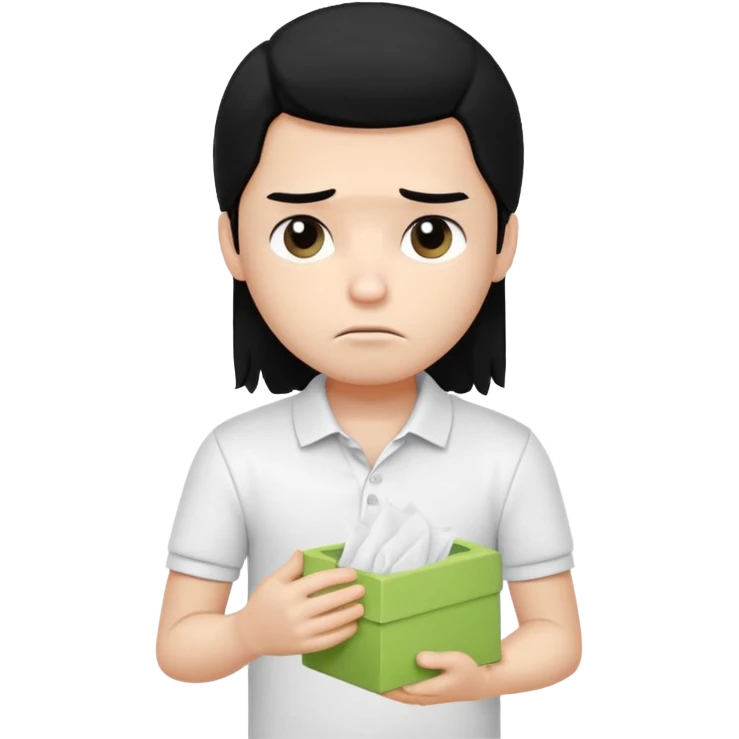 generate a pretty bratz boy with long black hair, wearing a white polo shirt. Looking sad, holding a box of tissues emoji