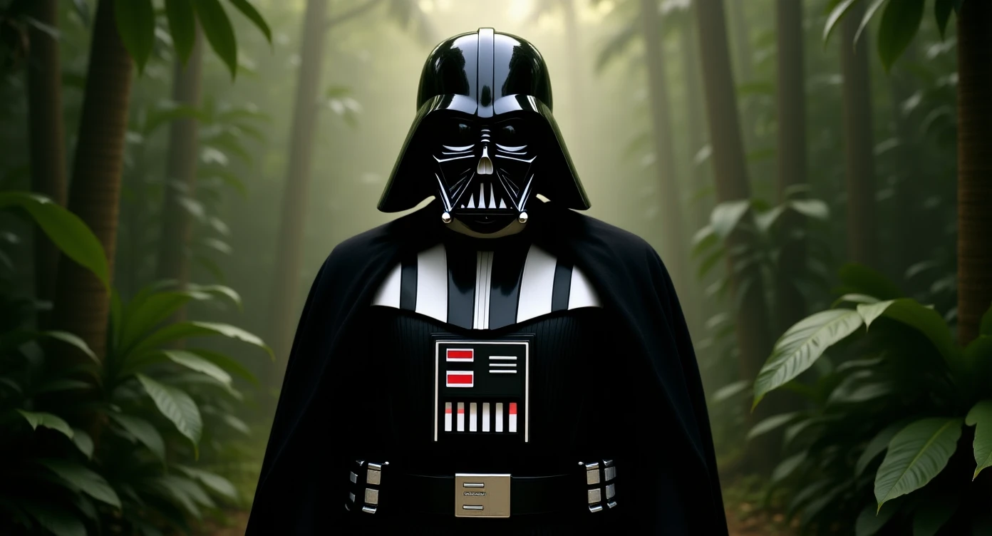 cinematic still, documentary photography, amazon jungle, well lit scene, Darth Vader is exploring the jungle, close up, front shot, rule of thirds emoji