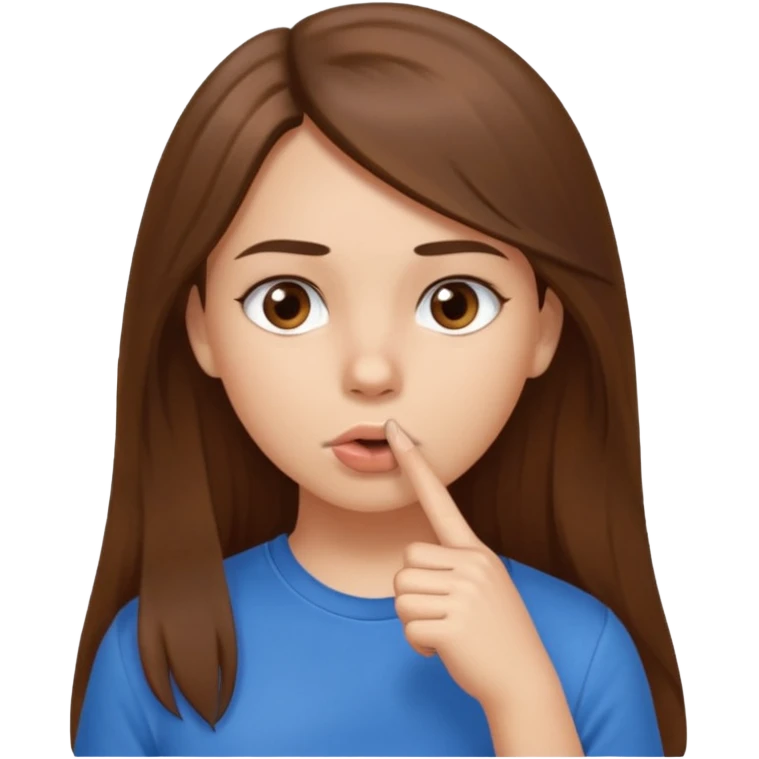 Emoji Fille cheveux long et brun yeux brun avec un doigt dans la bouche que la mains sois plancher vers en bas et que elle regarde comme si elle est coquine  emoji