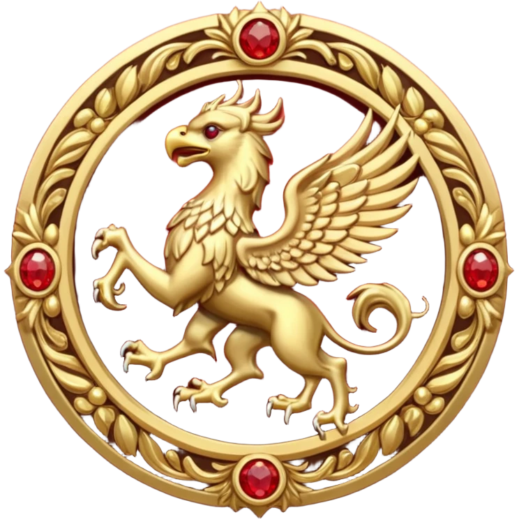 Golden griffin crest / brosch in a circle with red gems and no background emoji