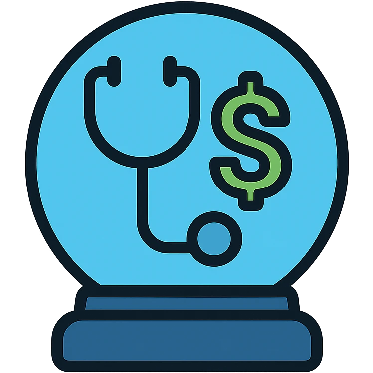 crystal ball icon with a stethoscope and dollar sign inside, minimal icon style, healthcare and affordability theme, clear outlines, blue and green color hints emoji