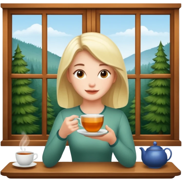 A woman enjoying tea by a window with a forest view emoji