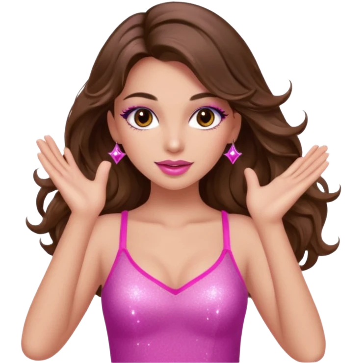 girl with long wavy brown hair, brown eyes, long lashes makeup, sexy pink lips, light to medium complexion, pink sexy top, dancing, sparkling emoji
