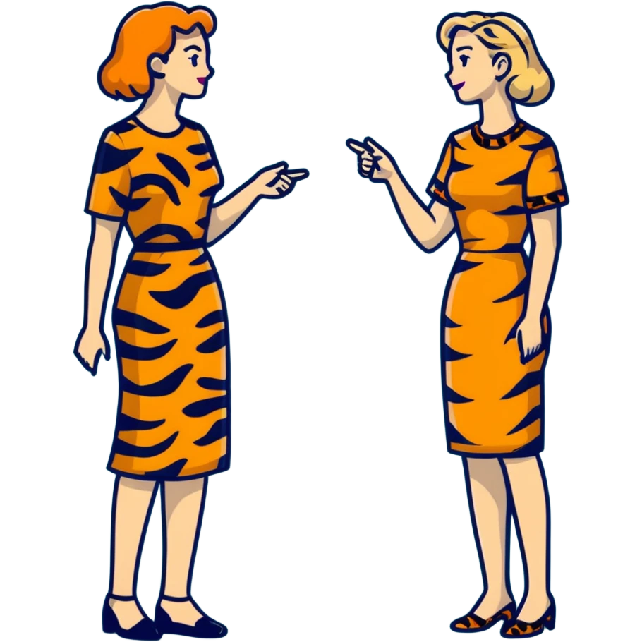 Two women chatting, dressed in leopard print and tiger print dresses emoji