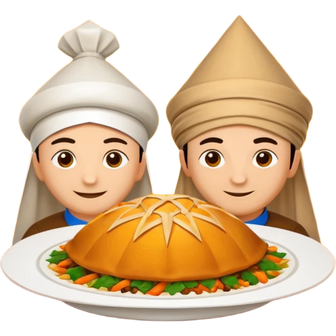 Uzbek cuisine avatar in bright emoji-style illustration. Classic dishes like plov and samsa, warm golden and earthy tones, simple shapes, flat design, high contrast, friendly and appetizing. emoji