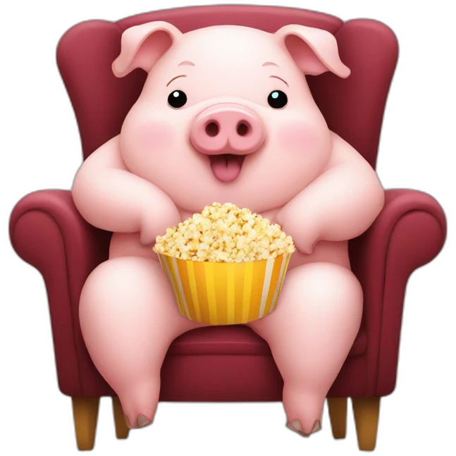 Cute fat pig sitting on a chair with popcorn emoji