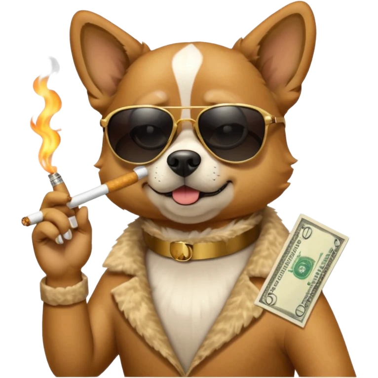 A dog with sunglasses is smoking a cigarette, dollars are flying at him. emoji