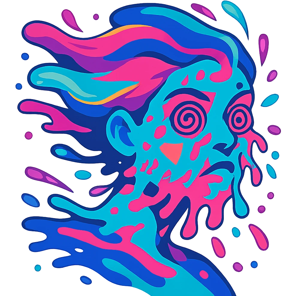 surreal portrait, neon turquoise and electric pink skin, face melting into swirling paint particles, hair as liquid aurora, spiral eyes, geometric shapes on face, dynamic movement emoji