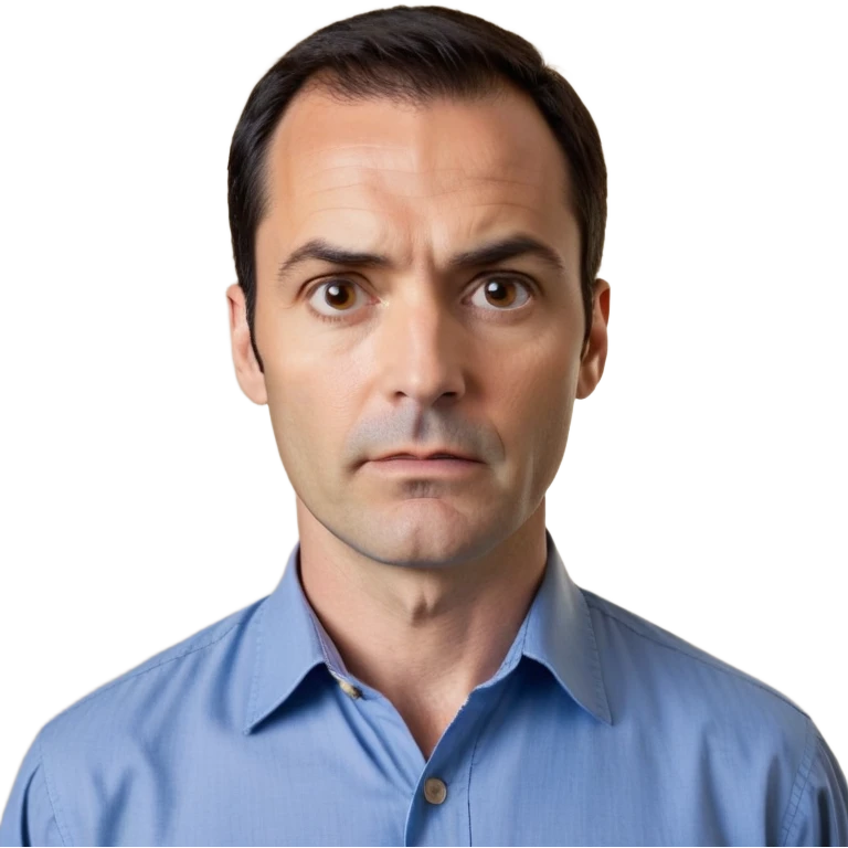 Man in his 40s with wide square face, marked jawline, full cheeks, looking incredulous with raised eyebrows, skeptical expression, medium dark brown eyes widened in disbelief, thick natural eyebrows, wide nose, mouth in a doubting smirk, short neat dark hair, wearing a blue button-up shirt emoji