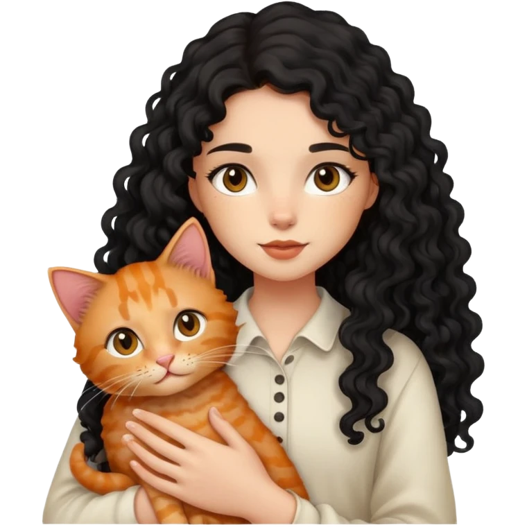 girl with long black curly hair holding a ginger cat emoji