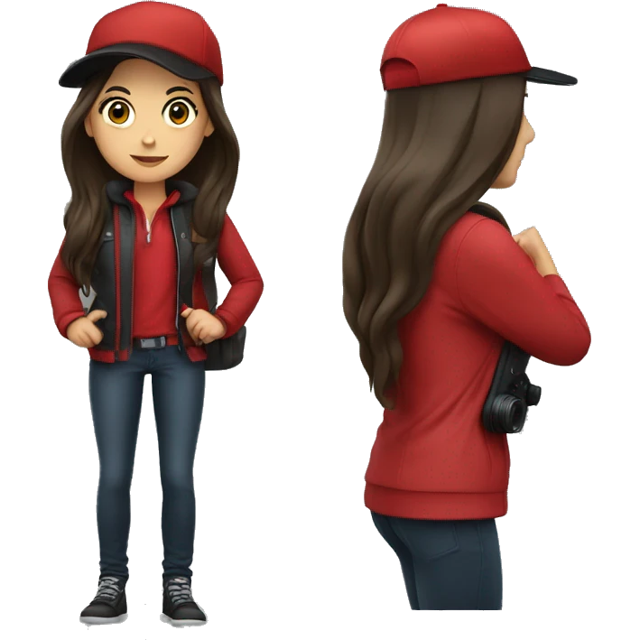 Brunette with long hair in a black cap and a red jacket with a camera emoji