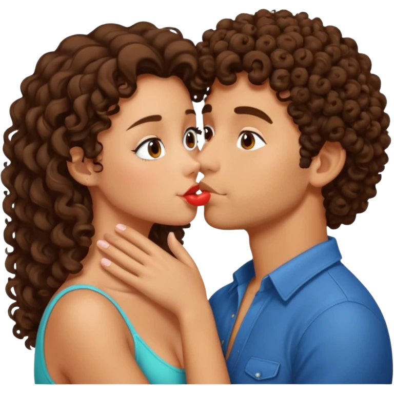 Tanned curly haired man kissing brunette girl emoji