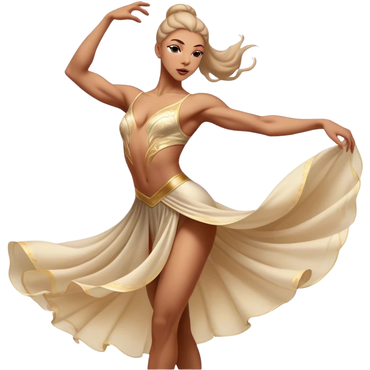 Cinematic Realistic Dance Poses, an elegant dancer mid-motion, muscles tensed with control, soft fabric of their attire flowing with movement, dramatic lighting highlighting the graceful lines, glowing with passion and poise. emoji