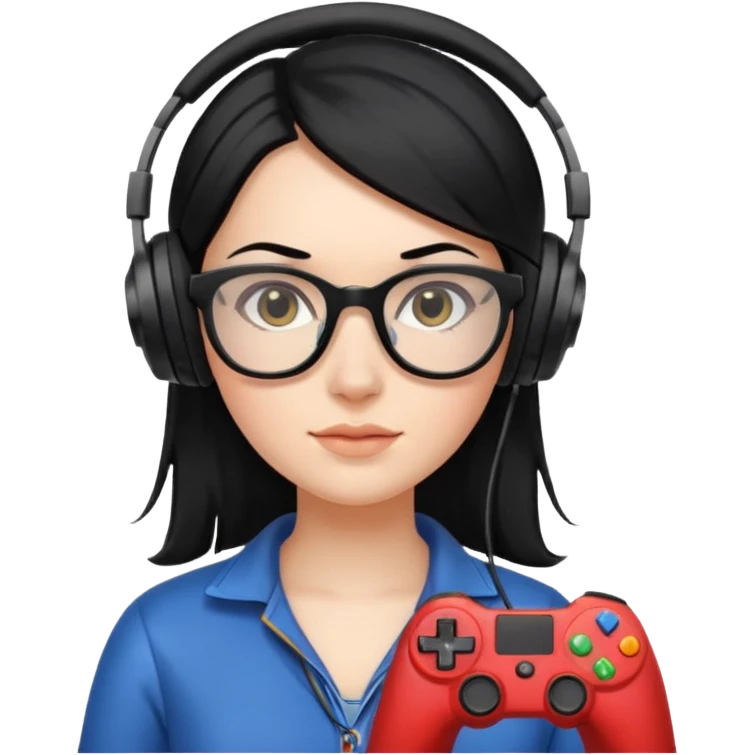 
gamer, woman shiny black hair no eyebrows with glasses, headphone, gamepad emoji