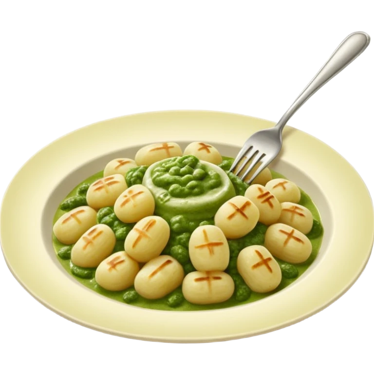 Gnocchi Cinematic Realistic Gnocchi Dish Emoji, depicted as tender oblong potato gnocchi garnished with iconic fork marks on top, rendered with soft textures and warm, inviting lighting. add green pesto sauce emoji