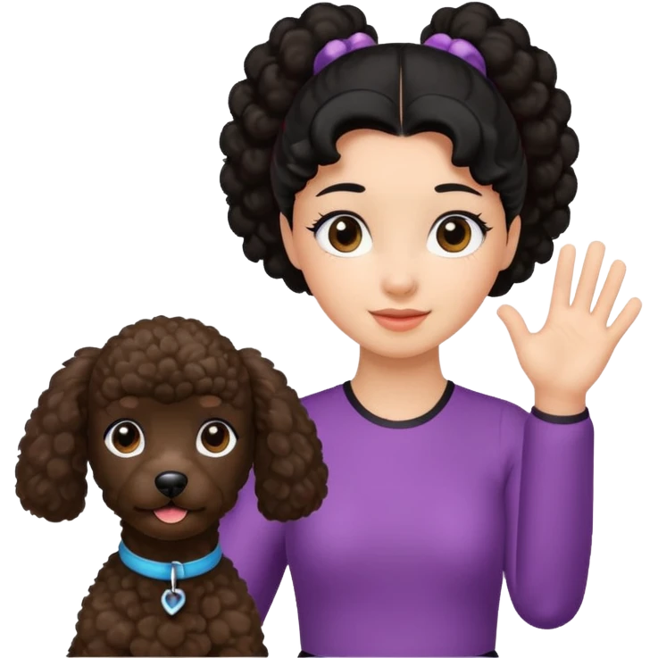 Ponytail black hair girl with brown Poodle say goodbye  emoji