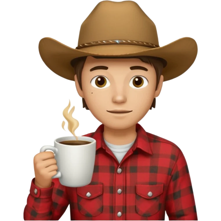 generate an ios genmoji of a 20 year old tan boy with a cowboy hat and side burns. Wearing a flannel and carrying a coffee mug emoji