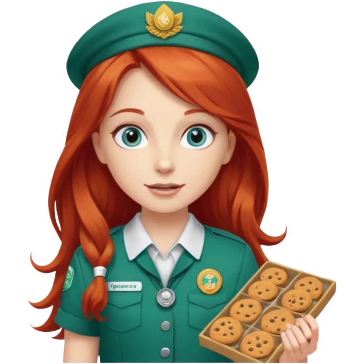 white girl scout with red long hair selling cookie at Wendy’s big emoji