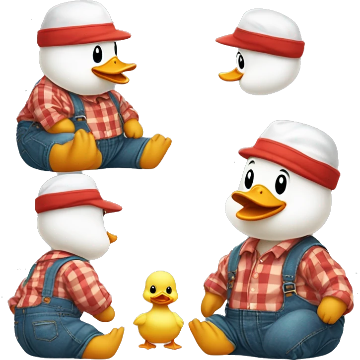 sitting cute fluffy chubby baby duck with hand, wear green hat and red checkered shirt and jeans jumpsuit emoji