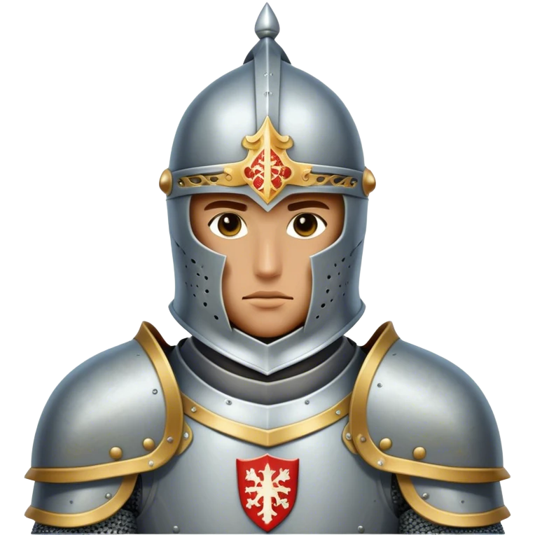 Clash of Clans aesthetic: Cinematic heroic Armored Knight Hero close up Emoji, rendered in a 3D vector-style similar to standard emojis with minimal shading and bold, simplified shapes. A compact, isometric warrior clad in gleaming plate armor with intricate heraldic details, softly glowing with a chivalrous medieval charm. Simplified yet unmistakably iconic, highly detailed and consistent, glowing with a soft radiant shine and high polish. Stylized with a touch of noble valor and a soft glowing outline, wearing a full face helm so that no face is visible with only eyes visible, capturing the essence of a gallant knight ready for honorable battle with a friendly, playful manner! emoji