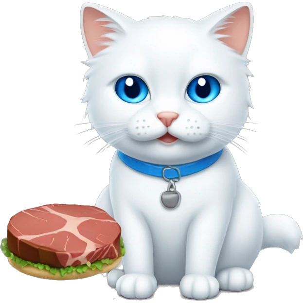 Fluffy white Cat with blue eyes eating steak emoji