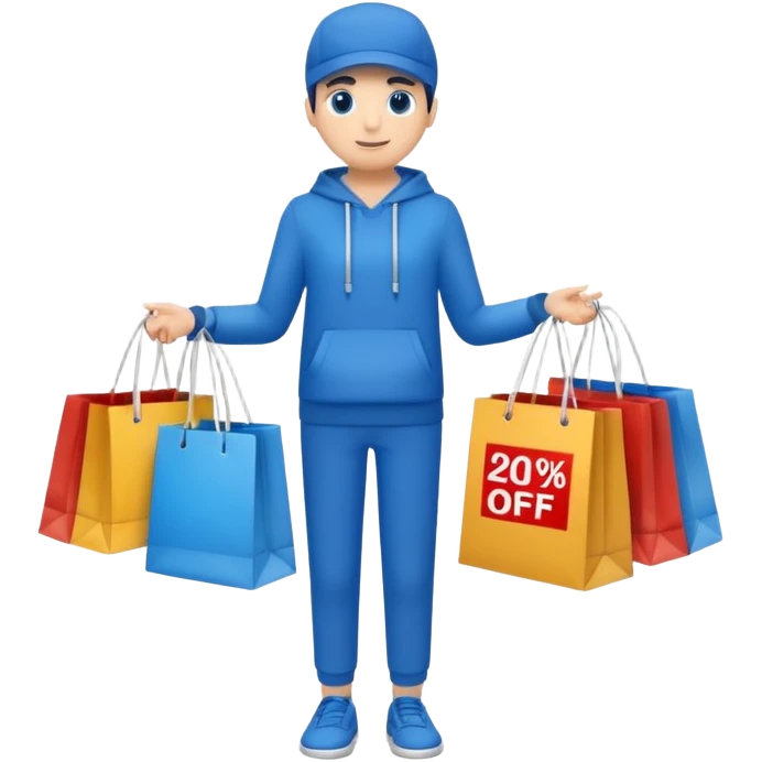 Person who is waiting the sale promotion with 20% off sign, wearing blue outfit and hanging some shopping bags emoji