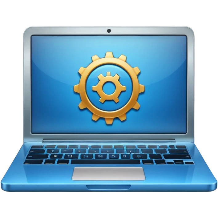 laptop with a play button and gear above emoji