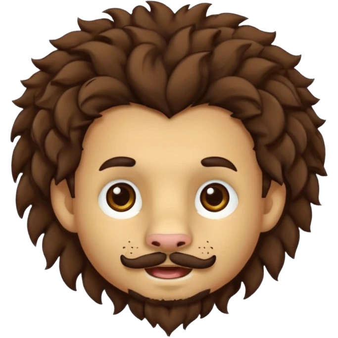 Make a cute boy lion with curly dark brown hair with a disconnected goatee and medium skin with a thin mustache emoji