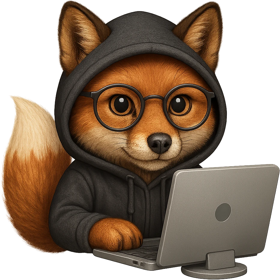 Make the fox realistic, a fox programmer hacker wearing a hoodie and glasses, sitting at a computer. Style: emoji style, no text, transparent background. emoji