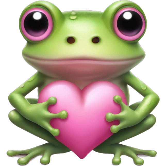 The frog holds a pink heart in its paws, and has a pink bow on its head emoji