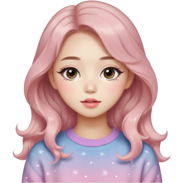 “korean Emoji girl, soft eyeliner, gradient rose lips, light brown shimmer eyeshadow, sparkly aegyo-sal, long wavy hair, cozy pastel sweater.” emoji