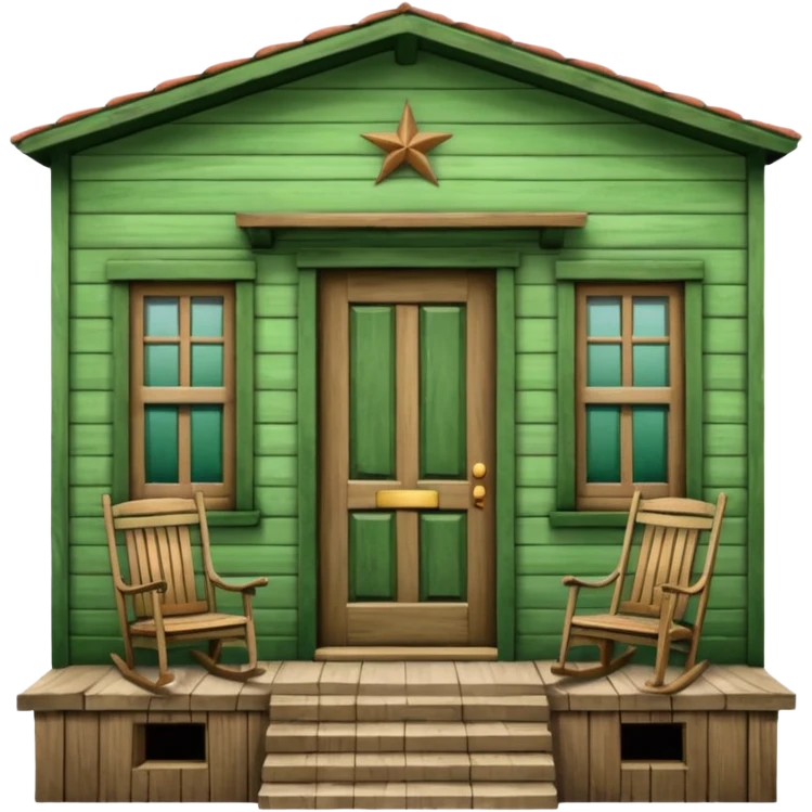 Puerto Rican wooden house facade, central door, two windows, front balcony with rocking chair, scenic frame, humble but well-maintained, warm and authentic, green color emoji