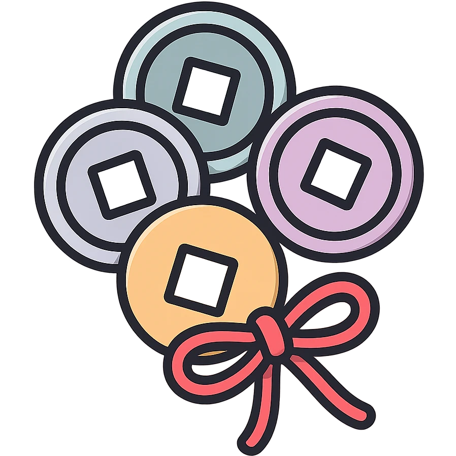 Chinese coins with square holes tied with a red thread bow, icon-color-outlined style, detailed shadows and highlights, thin clean outlines, soft rounded shapes, pastel palette #98B5BC, #B5B3C1, #C9A3C9, #E4C0CA, #F7DCD1, #F7C0AA, modern Japanese pop art and sticker aesthetic, high detail, vector sharpness, soft lighting, transparent background emoji