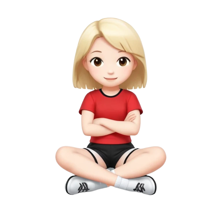 สร้างภาพตัวการ์ตูน "Cute 3D cartoon of a happy little girl with brown pigtails, sitting with her arms crossed, style manga/chibi"
"Adorable chibi girl with a smile face, sitting cross-legged, 3D render"
 wearing เสื้อสีแดง กางเกงขาสั้นสีดำ, ถุงเท้าสีขาว, รองเท้าสีขาว full body, illustration  emoji