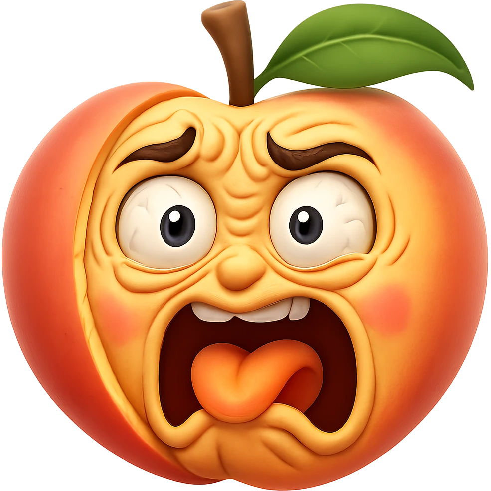 Make the face much more expressive, with exaggerated trembling features and wide eyes, while keeping the hybrid peach and shaking face emoji style. Keep the background transparent. emoji