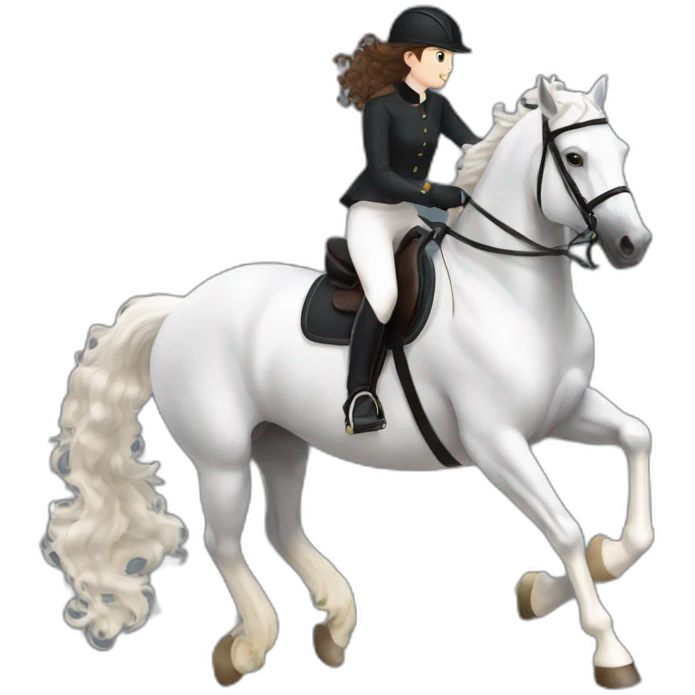 a BLACK HORSE JUMPING AN OBTACLE, THE HORSE HAS A WHITE BLAZE AND THREE WHITE SOCKS. tHE HORSES RIDER IS A YOUNG FEMALE WITH LONG CURLY BRUNNET HAIR emoji