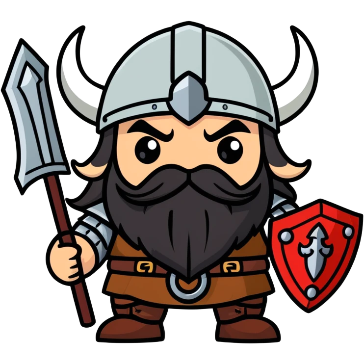 dwarf with viking helmet, red eyes, long black hair, and a black handlebar mustache emoji