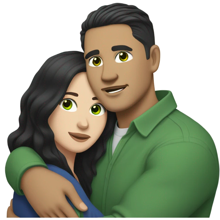 Light skin vietnamese man with straight black undercut hair and a white brunette woman with green eyes and long wavy hair tightly hugging each other  emoji