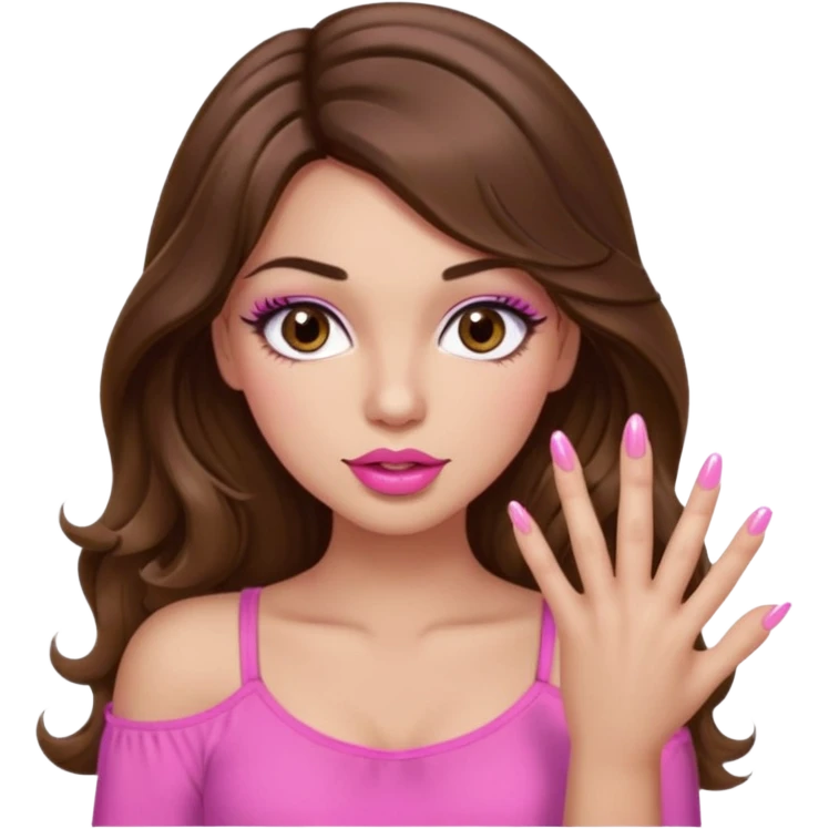 girl with long wavy brown hair, brown eyes, light to medium complexion, in a pink sexy top, pink puckered lips, long lashes, showing a manicure emoji