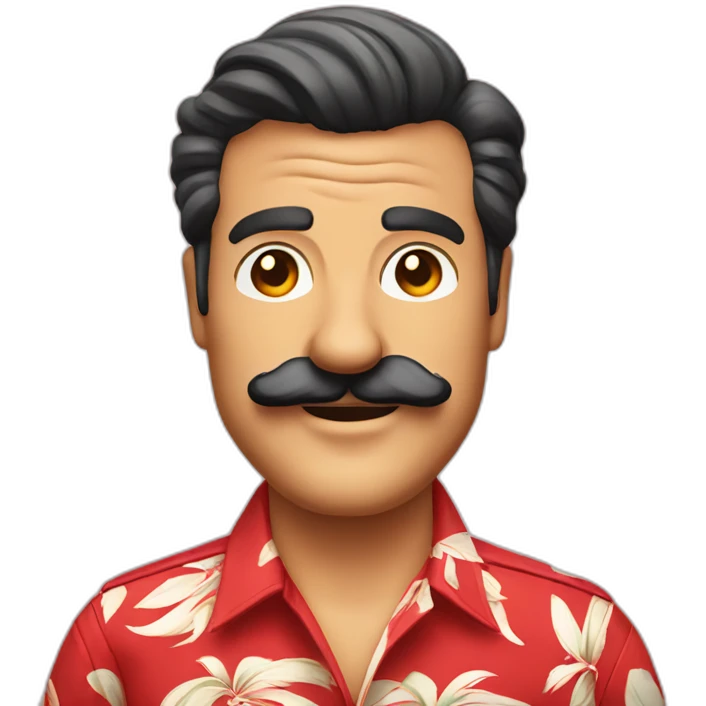 Smiling Magnum PI with a big mustache in a red Hawaiian shirt emoji