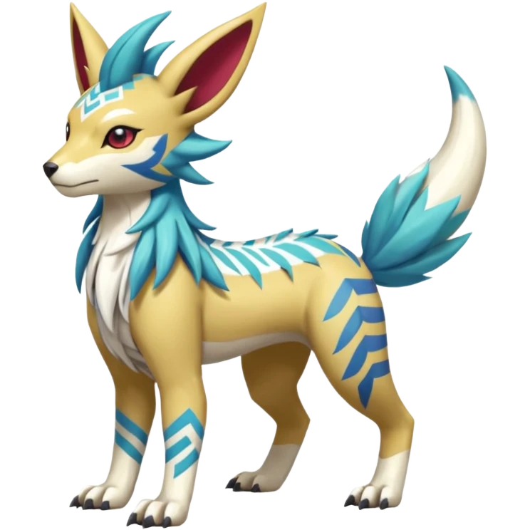 Tropical Tiny Marked Patterned Tribal WereGarurumon-Suicune-Linoone-Meloetta-Renamon-Zangoose-fusion-hybrid-creature (full body) emoji