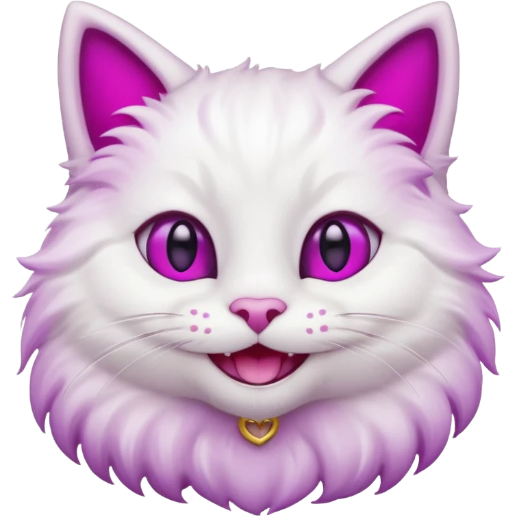 White cat smiling with teeth showing, pink inner ears, magenta purple eyes emoji