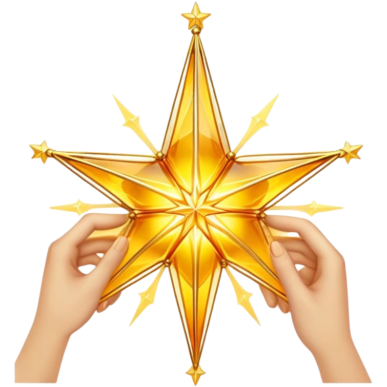 A radiant yellow dream star emerges, carefully being built by hands connecting delicate strands of golden thread and translucent panels of glowing amber glass. emoji