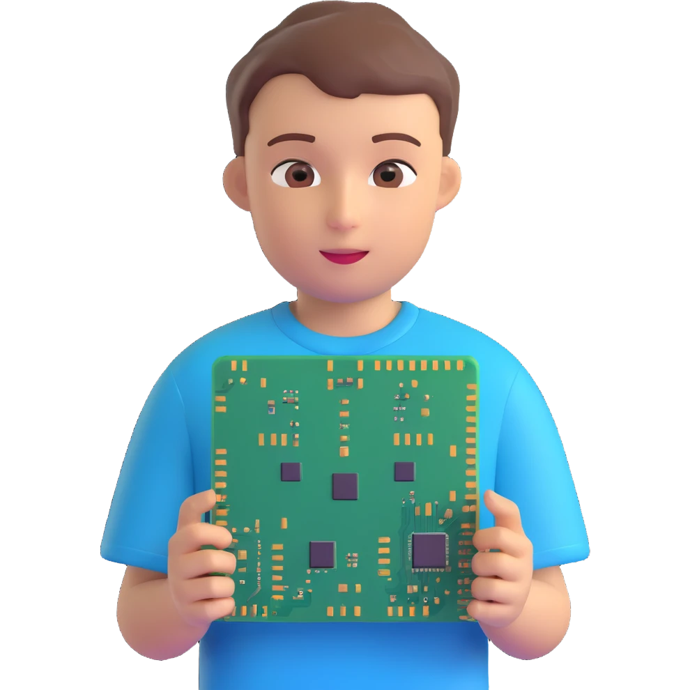 young boy, short hair, friendly neutral face, holding two computer chips, shirt with tech circuit board pattern, one half of face covered with metallic AI or neural network design, apple 3D emoji style, soft gradients, clean shapes, vibrant realistic colors emoji