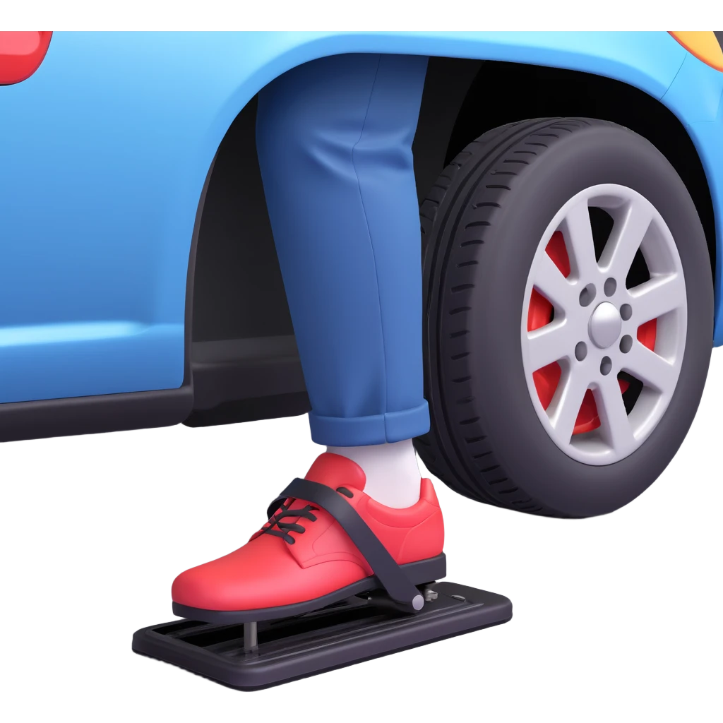 A clean 3D emoji-style illustration of a single right foot pressing down on a car gas pedal. Only the foot and the pedal are shown, viewed from the side. The pedal is slightly tilted to show pressure. No background, simple colors, minimal details emoji