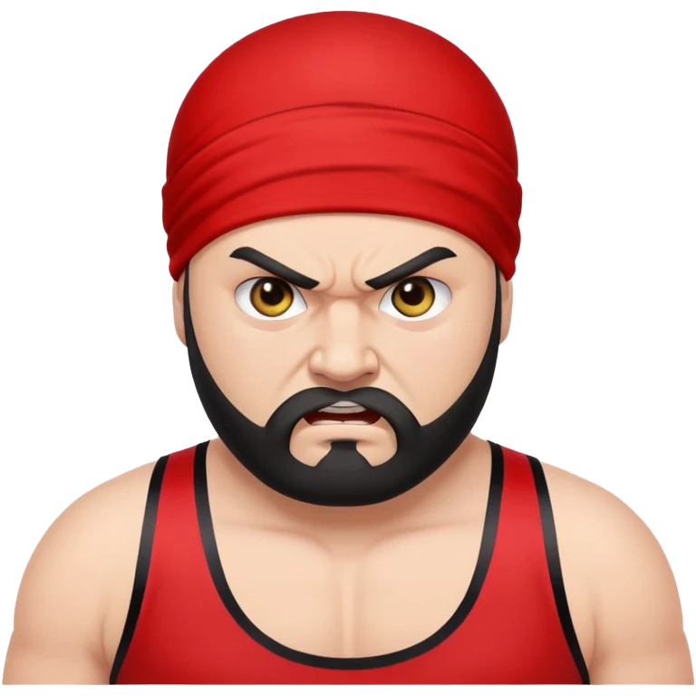 White skin fat guy with black durag, black beard, black eyes in a red and black wrestling singlet with angry face emoji