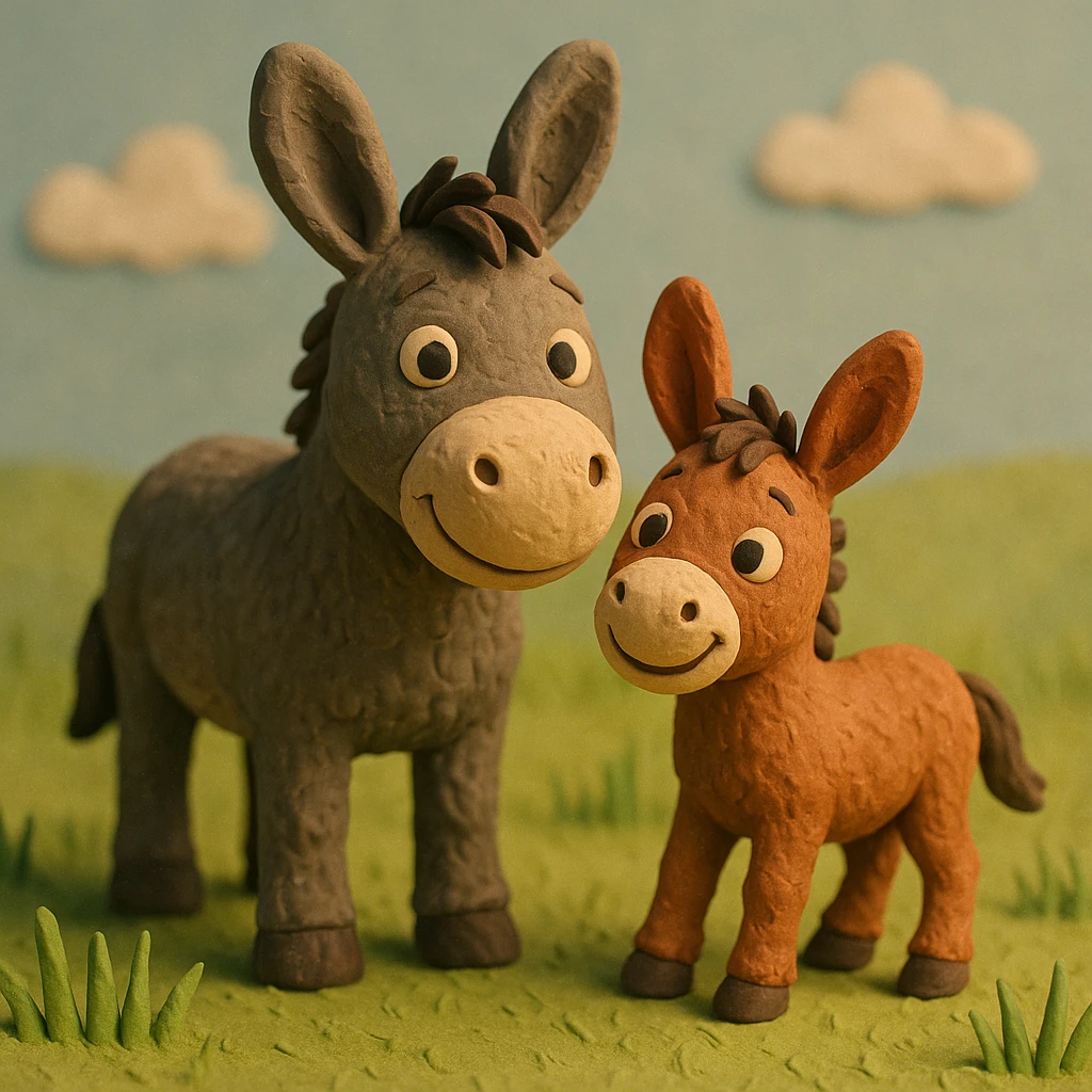 donkey and foal together, cute and cheerful, detailed fur, in a grassy meadow, claymation style emoji
