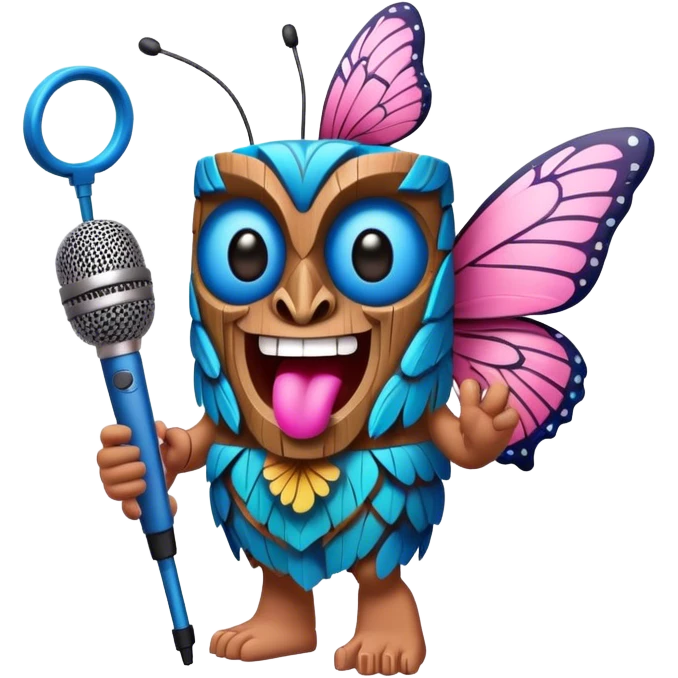 Cartoon Blue and pink tiki singing with butterfly and in the mikrophone emoji